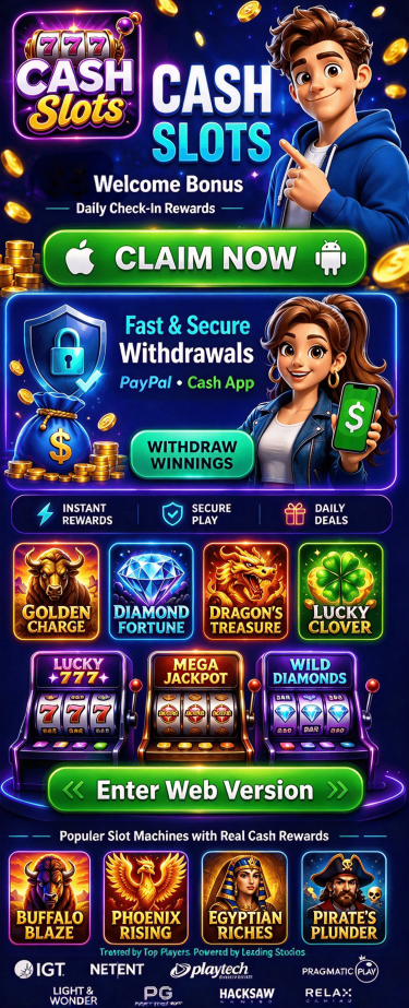 CASH SLOTS 页面：Welcome Bonus、CLAIM NOW、Fast & Secure Withdrawals，以及游戏展示。点击绿色 CLAIM NOW 按钮，iOS 进入项目首页，Android 下载 APK。